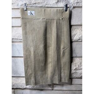 Calvin Klein Jeans Tan Ribbed Knit Pencil Skirt Logo Patch Back Vent Khaki